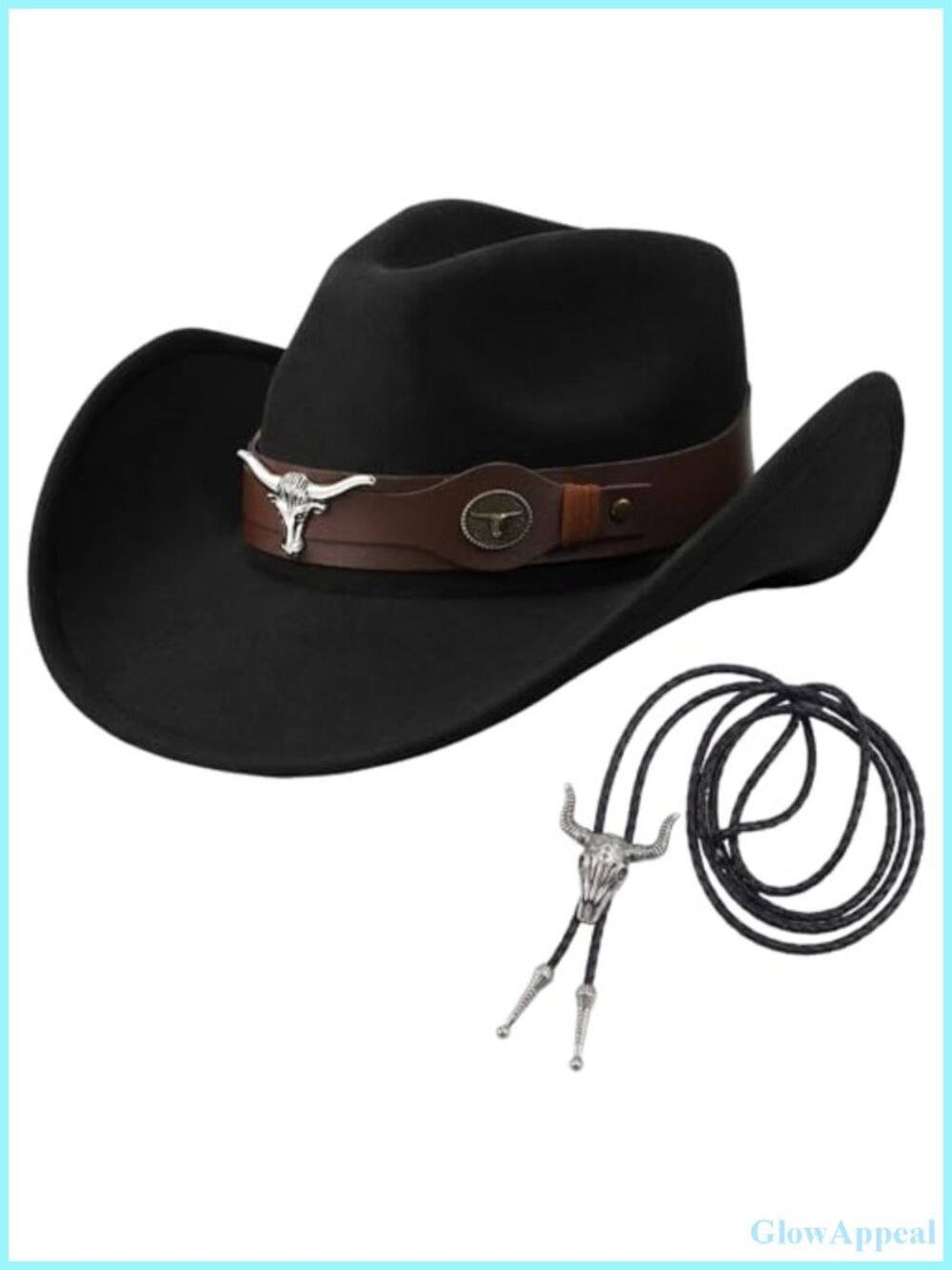 Felt Cowboy Hat with Bolo Tie & Cow Head Necklace Set for Women Men UPF 30